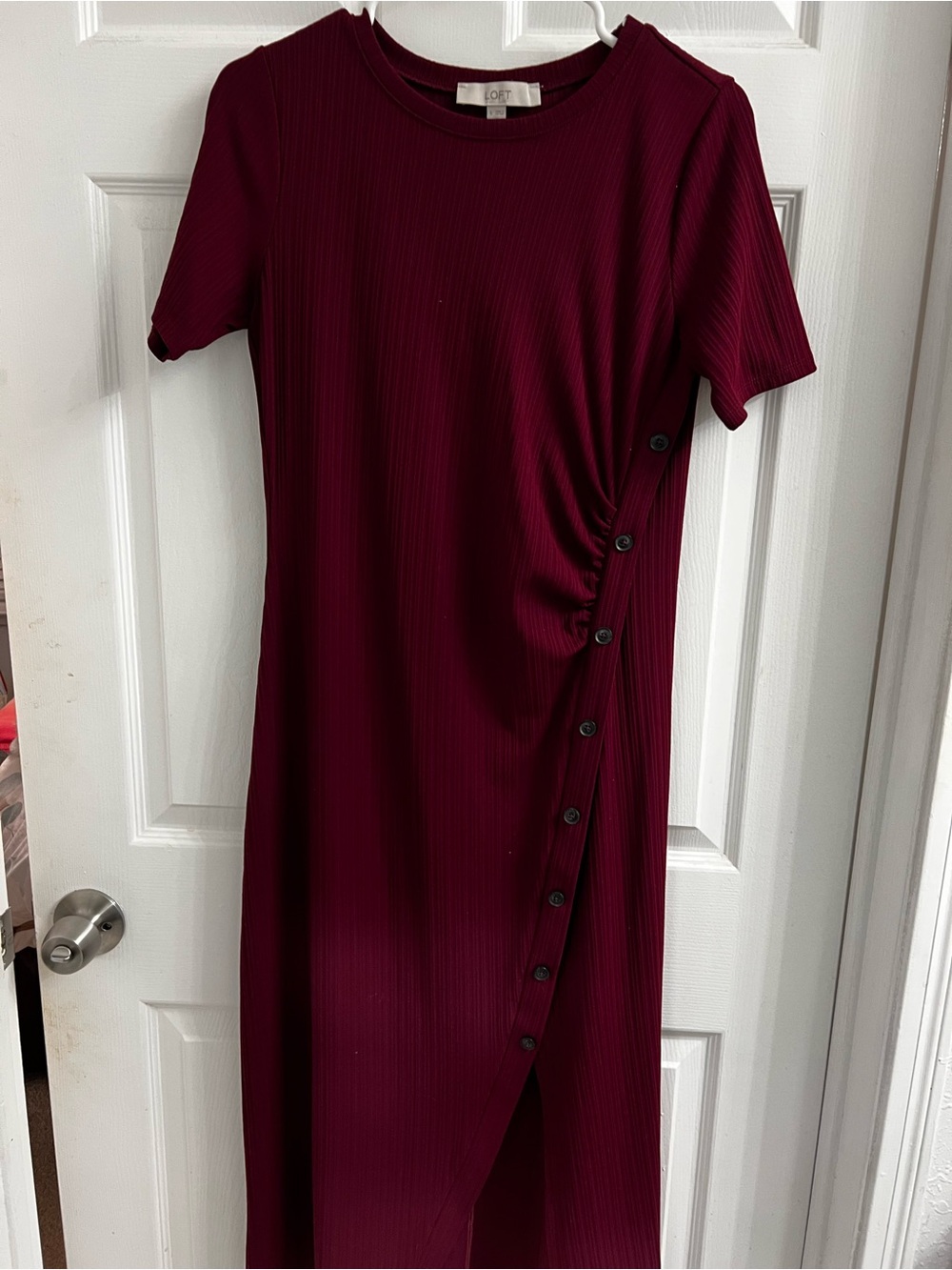 LOFT Burgundy Ribbed Side-Button Midi Dress